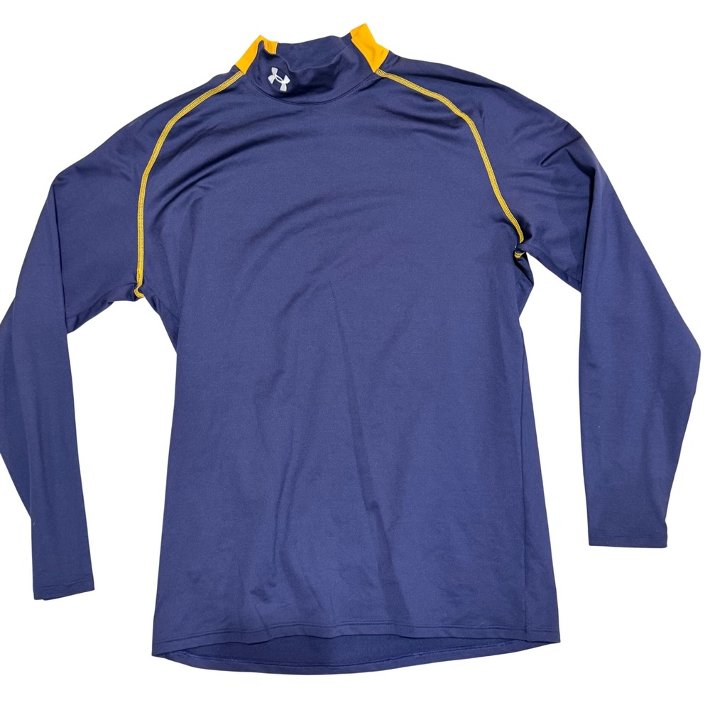 Under Armour ColdGear Shirt Mens XL Navy Blue Yellow Mock Neck Fitted Base Layer